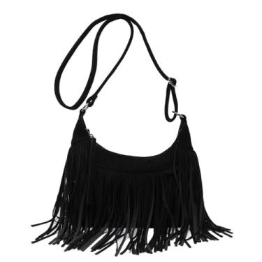 Imagem de CHENXIAOHONG Bolsa feminina com franjas estilo boho, bolsa transversal e de ombro, pequena e leve, ideal para festas e uso casual(Preto)