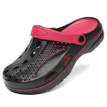 Imagem de VZQ Pantufas femininas e masculinas com suporte de arco sem cadarço para jardim, sandálias de praia ao ar livre com fascite plantar, palmilhas acolchoadas para pés, Preto e vermelho, 14-15 Wide Women