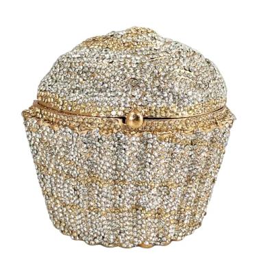 Imagem de Usuisy Novidade Cupcake Minaudiere Bolsas femininas para noite Bolsa de mão de cristal para festa Bolsa clutch de strass nupcial, Mini, Prata e ouro, Mini