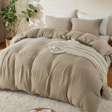 Imagem de EMME Conjunto de capa de edredom de algodão musselina cáqui tamanho queen linho macio respirável leve conjunto de capa de edredom de verão com fecho de zíper (Caqui, Queen, 228,6 cm x 228,6 cm)
