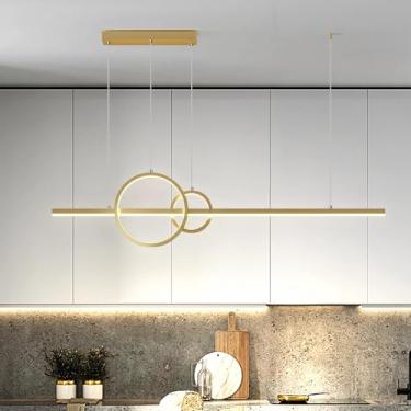 Imagem de Luminária pendente LED com intensidade regulável, controle remoto, ideal para cozinha, ilha ou sala de jantar, com altura ajustável, design moderno e linear com anel redondo (dourado, 90 cm)