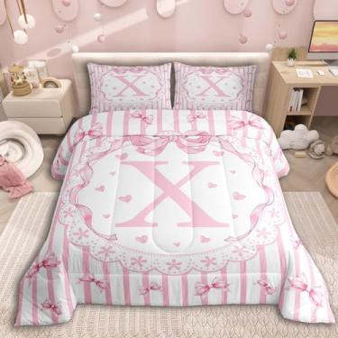 Imagem de jejeloiu Lindo conjunto de edredom com laço, rosa, inicial X, para crianças, meninos, meninas, decoração de quarto, microfibra, 2 peças com 1 fronha
