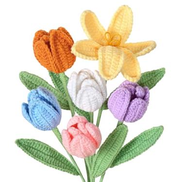Imagem de UXORSN 6 peças flores de crochê 41 cm tulipas artificiais buquê de flores artificiais como flores artificiais reais tulipas artificiais flores coloridas de crochê para mãe aniversário casamento