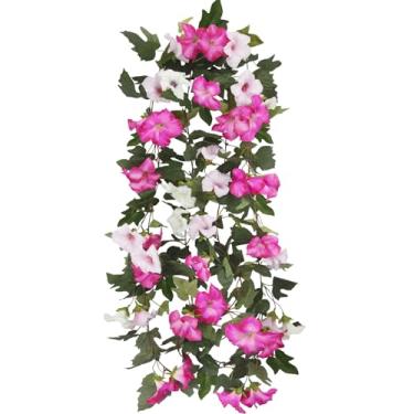 Imagem de CISDUEO 2 peças de guirlanda de glória da manhã de seda para manto, flores penduradas, plantas, petúnias falsas para decoração de casa, cerca de parede, escada, caixa de correio, ao ar livre, rosa