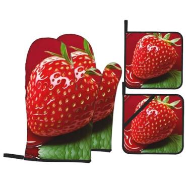 Imagem de Conjunto de luvas de forno impressas em líquido vermelho morango, conjunto de 4 peças adequado para grelhar, cozinhar e assar