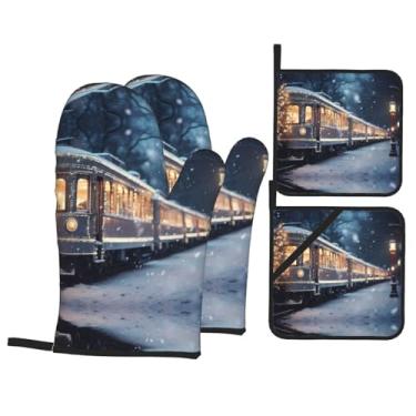 Imagem de Conjunto de luvas de forno com estampa de trem noturno de neve, conjunto de 4 peças adequado para grelhar, cozinhar e assar