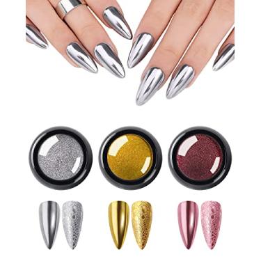 Imagem de Conjunto de pó de unha cromado de 3 cores, efeito espelhado metálico com glitter refletivo para unhas, design de arte, holográfico, prata, ouro rosa, pigmento, flash, crome, paillette, poeira, com 3