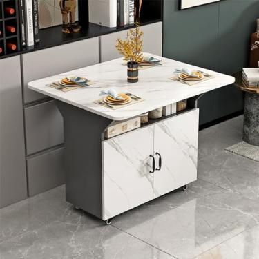 Imagem de Mesa dobrável, mesa dobrável de jantar com rodas e armário de armazenamento, prateleira de armazenamento aberta, mesa retangular de madeira, mesa de cozinha extensível para economia de espaço (Cor: