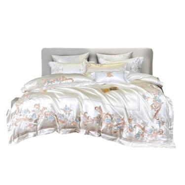 Imagem de THJKUPO Jogo de cama bordado de quatro peças de capa de edredom de algodão de seda branca (200 x 230 cm)