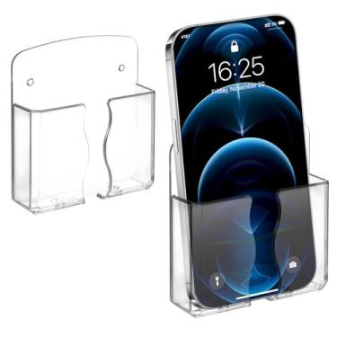 Imagem de Qianyu Suporte de celular autoadesivo montado na parede, 2 peças, com orifício de carregamento, suporte de parede transparente para celular, organizador de cabeceira, suporte de controle remoto para