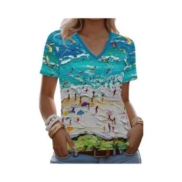 Imagem de Camiseta Feminina plus Size Com Decote Em V, Estampa 3D De Cenário De 