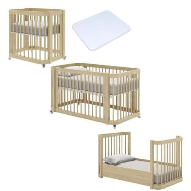 Imagem de Berço com Colchão Evolutivo 3 em 1 em Madeira Maciça  Carvalho Malva -