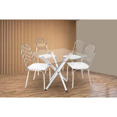 Imagem de Conjunto: Mesa Sala Jantar Volga C- Tampo De Vidro 90cm E 4 Cadeiras Noruega Cromada - Courano Branco - Kappesberg