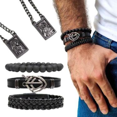 Imagem de Kit C/03 Pulseiras de Couro Masculina Fé + Escapulário Grafite Proteçã