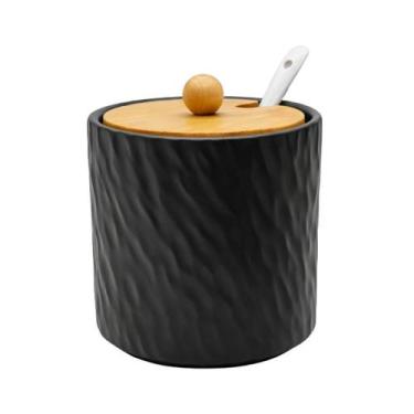 Imagem de Açucareiro Cerâmica Preto Tampa Bambu C/ Colher Saleiro - CLICK HOUSE