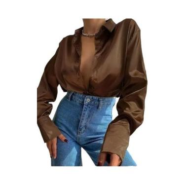 Imagem de Camisa Feminina Vintage Com Gola Polo Para Escritório, Solta, Com Botõ