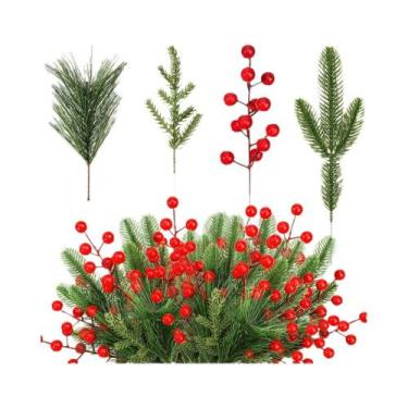 Imagem de Galhos De Agulhas De Pinheiro Artificiais Verdes Com Frutas Vermelhas 