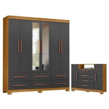 Imagem de Cômoda Madri E Guarda Roupa Casal New Kansas Com Espelho Carvalho Americano Grafite - Incorplac