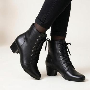 Imagem de Coturno Feminino Bico Quadrado Salto Medio Grosso Cadarço Confortavel 