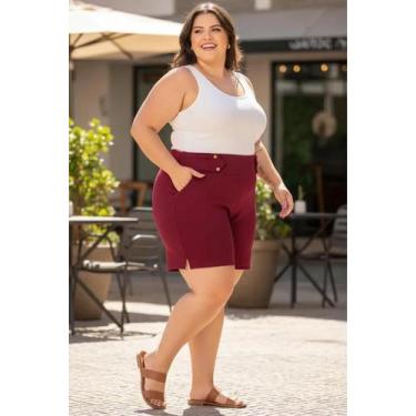 Imagem de Short Feminino Plus Size Malha Crepe Colmeia Enfeite Cinto Botão Elast