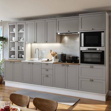 Imagem de Cozinha Completa Modulada 100% Mdf 6 Peças com Cristaleira Iluminata Branco/Cinza/Ébano