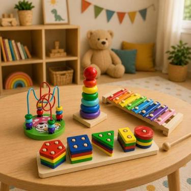 Imagem de Brinquedo Pedagógico Kit com 4 Brinquedos Educativos Torre Formas Geom
