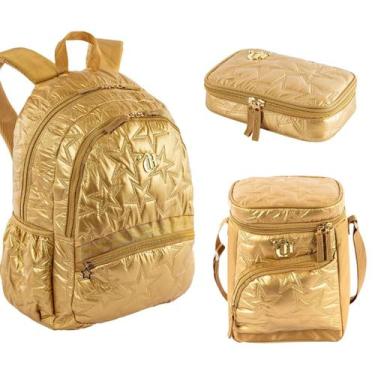 Imagem de Kit Mochila + Estojo + Lancheira Capricho Estrelas - Dourado