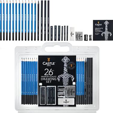 Imagem de Castle Art Supplies Conjunto de 26 peças de arte para lápis de desenho e esboço: perfeito para iniciantes, crianças ou qualquer artista aspirante – Inclui lápis e palitos de grafite, lápis de carvão, borrachas e apontadores