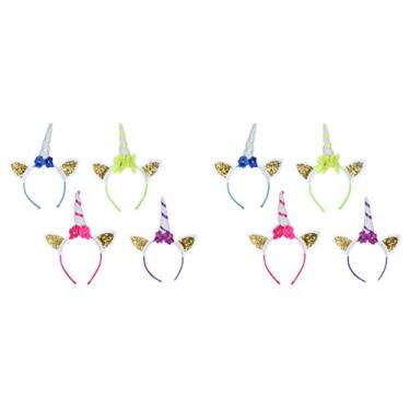 Imagem de Faixas de cabeça de unicórnio mágico brilhantes 8 peças suprimentos para festa de aniversário decoração de princesa acessório de fantasia