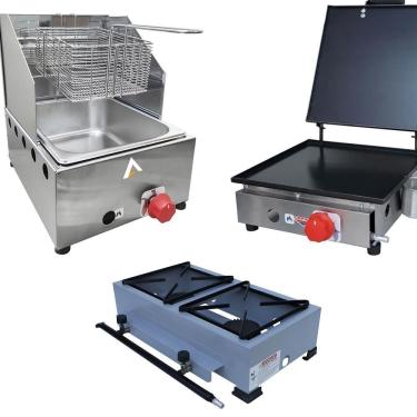 Imagem de Kit Lanchonete Fogão Portátil 2 Bocas + Chapa 30cm Prensa e Fritadeira Profissional 1 Cuba Alcamar