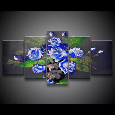 Imagem de Quadro Decorativo 129x63 Sala Escritório Flores Rosas Azuis