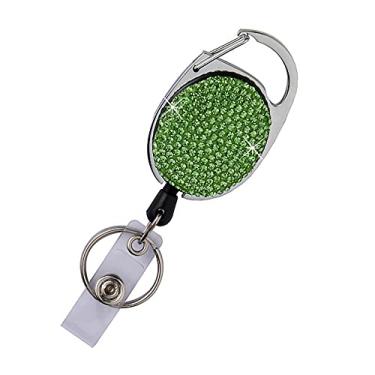Imagem de Carretel retrátil de crachá com strass brilhante, porta-crachá de identificação com clipe de cinto e chaveiro, cordão de até 60 cm, presentes para mulheres e meninas, pacote com 1, verde claro