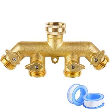 Imagem de Jansamn Divisor de mangueira, divisor de mangueira de jardim, divisor de mangueira de 4 vias, divisor de mangueira de 3 vias com 4 válvulas de desligamento para irrigação de jardim (American Thread 3/4)