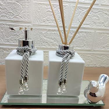 Imagem de Kit Lavabo Difusor Porta Sabonete Líquido Bandeja Espelhada Enfeite Decorativo-Dispenser Organizadores e Decoração Para Banheiro-Branco e Prata