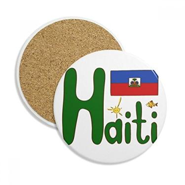 Imagem de Caneca de porta-copos com bandeira nacional do Haiti com estampa azul vermelha e proteção de mesa, pedra absorvente