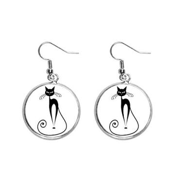 Imagem de Brinco feminino de cauda longa com silhueta de gato preto e pingente de prata