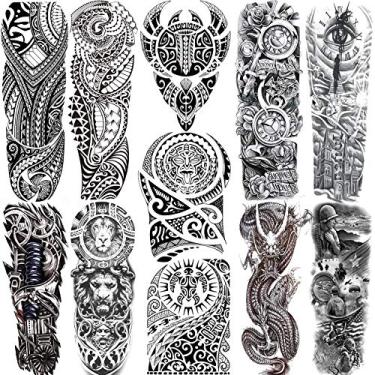 Imagem de 11 Sheets NEZAR Maori Temporary Tattoo Sleeve For Men Adults Tiki Turtle Manta Waterproof Fake Tattoo Sleeves For Women Black Dragon Totem Tribal Military Long Full Sleeve Tattoos Temporary Stickers