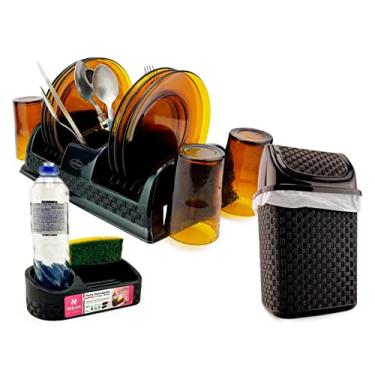 Imagem de Kit Escorredor de Pratos + Lixeira Basculante 4,5L + Porta Detergente e Esponja Em Plástico Rattan