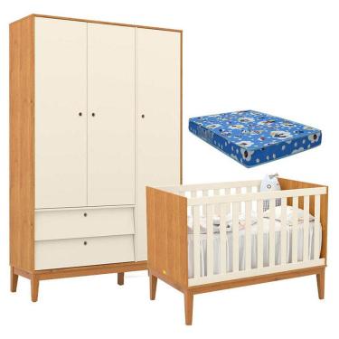 Imagem de Berço Americano e Guarda Roupa Unique 3 Portas Freijó Off White Eco Wood com Colchão Ortobom - Matic