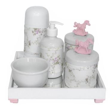 Imagem de Kit Higiene Bebê Porcelanas Térmica Bandeja Cavalinho Rosa