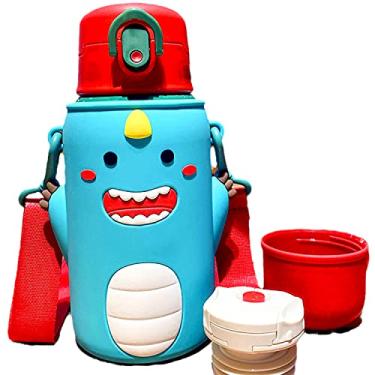 Imagem de Garrafa de água para gatos com bico para elefante escolar copo térmico com canudo presente de aniversário infantil Garrafa de aço inoxidável (dinossauro azul, 500 ml)