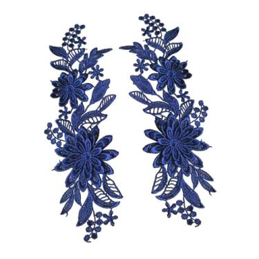 Imagem de Colaxi 2 pçs apliques de renda floral bordado remendos rendas guarnições flor bordado apliques para roupas vestido de baile de casamento, azul escuro
