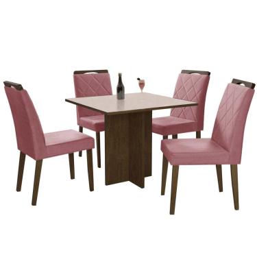 Imagem de Mesa de Jantar Los Angeles 90x90cm com 4 Cadeiras Cor Canela Off White com Tecido Rose