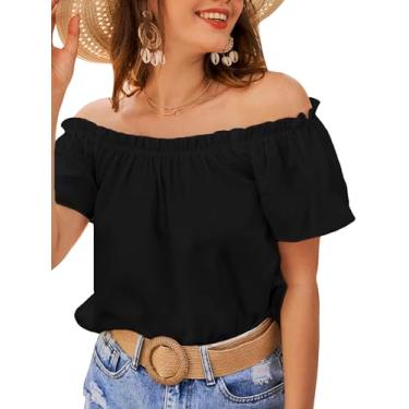 Imagem de MakeMeChic Blusa feminina de verão tomara que caia manga curta com acabamento de babados, Preto, P