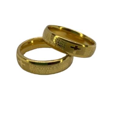Imagem de Alianças Par 6mm com Oração do Pai Nosso Banhadas a Ouro 24k com Anel Solitario e Caixa de Veludo Premium Casamento Noivado Namoro Gospel Cristã