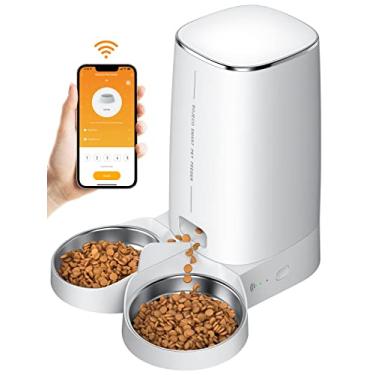 Imagem de ROJECO Alimentadores automáticos para 2 gatos, dispensador de comida de gato de 4L com controle de aplicativo, tigelas duplas de aço inoxidável, fonte de alimentação dupla e alarmes de alimentos baixos, alimentador de animais de estimação habilitado para Wi-Fi de 2,4 GHz para gatos e cães