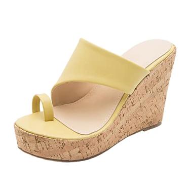 Imagem de ZHONKUI Sandálias femininas com plataforma de verão, casual, confortável, com clipe e anabela, sandálias deslizantes, Amarelo, 38