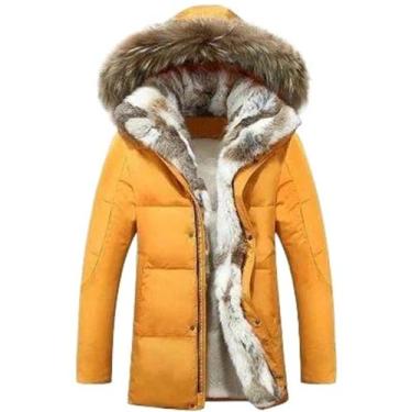 Imagem de MQMYJSP Jaqueta masculina de inverno, parkas, quente, gola de lã, com capuz, casaco quente masculino, Laranja, G