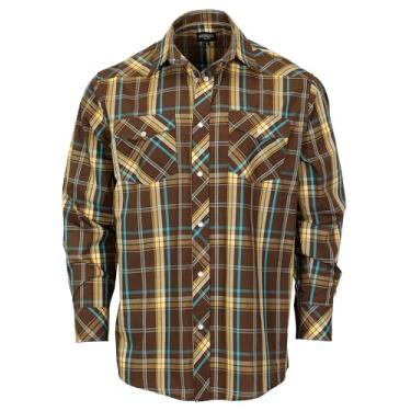 Imagem de Gioberti Camisa masculina xadrez de manga comprida com pérola de encaixe, 26W - marrom/amarelo/turquesa, M