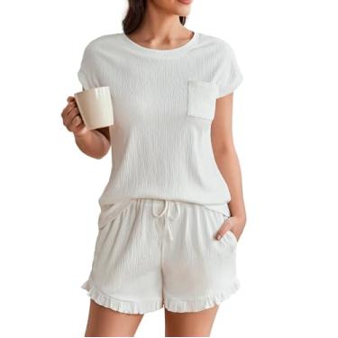Imagem de Ekouaer Conjunto de pijama feminino de manga cavada, conjunto de pijama casual com bolsos, Branco, M